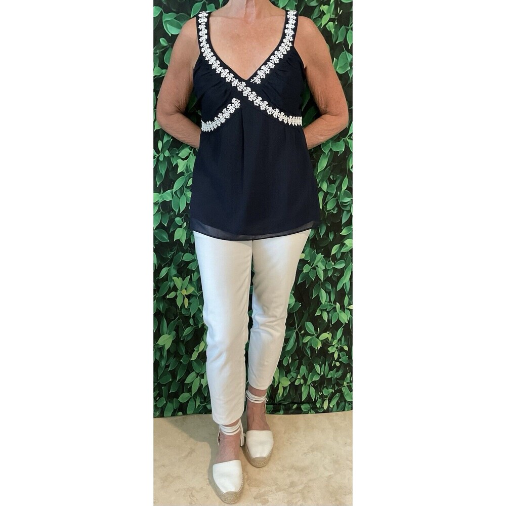 💙 LOFT Navy Sleeveless Chiffon Top w/ White Beaded V-Neck – Size 8 (Lined)